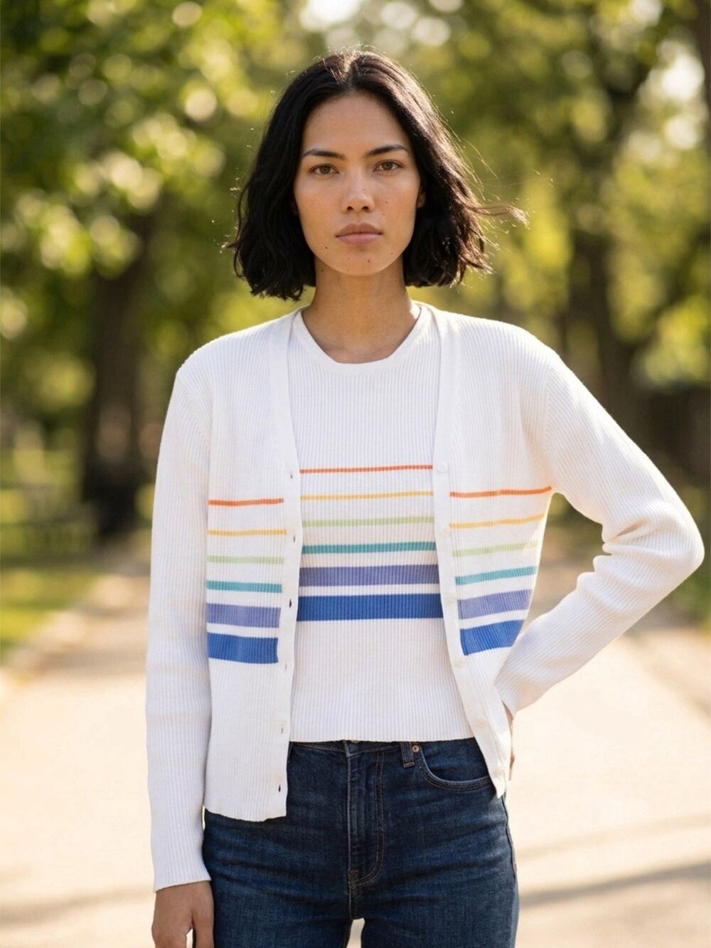 Eddie Bauer Cotton Knit Cardigan Tank Top Set Women L Button Up Y2K Multicolor